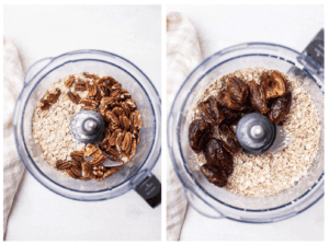 Processing the oats, pecans, and soaked dates in a food processor bowl.